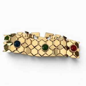 Rare Vintage Joan Rivers Wide Panel Bracelet Gold Tone Cabochon Multicolor